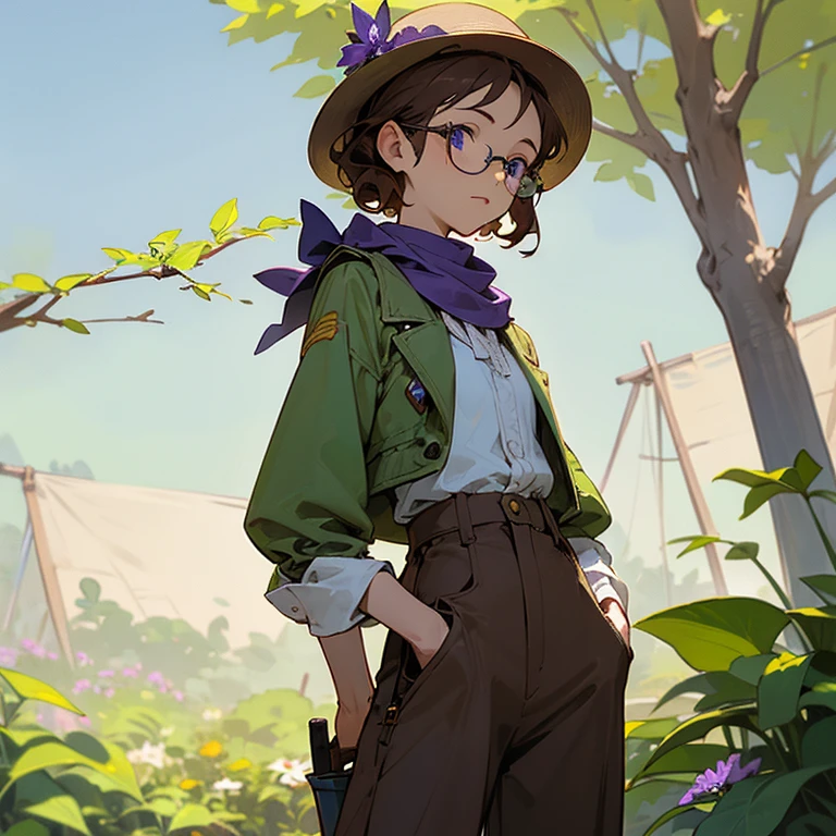 (Masterpiece, best quality), detailed, 1girl focus, 1 gardener woman, slight smile, pale, skin, indigo blue eyes, glasses, rounded square brown lenses, short dark brown curly hair, lavender flower, flat chest, garden hat, gardening hat, a lavender flower in the hat, a small purple scarf around the neck, white shirt and a green jacket over it, brown pants, Ecofashion, Ecopunk, Ecology, Earthy clothing, gardening clothing, gardening, garden, Solarpunk, Solarpunk reference, Solarpunk inspired, gold details, pastel purple, green and brown color palette for the clothes