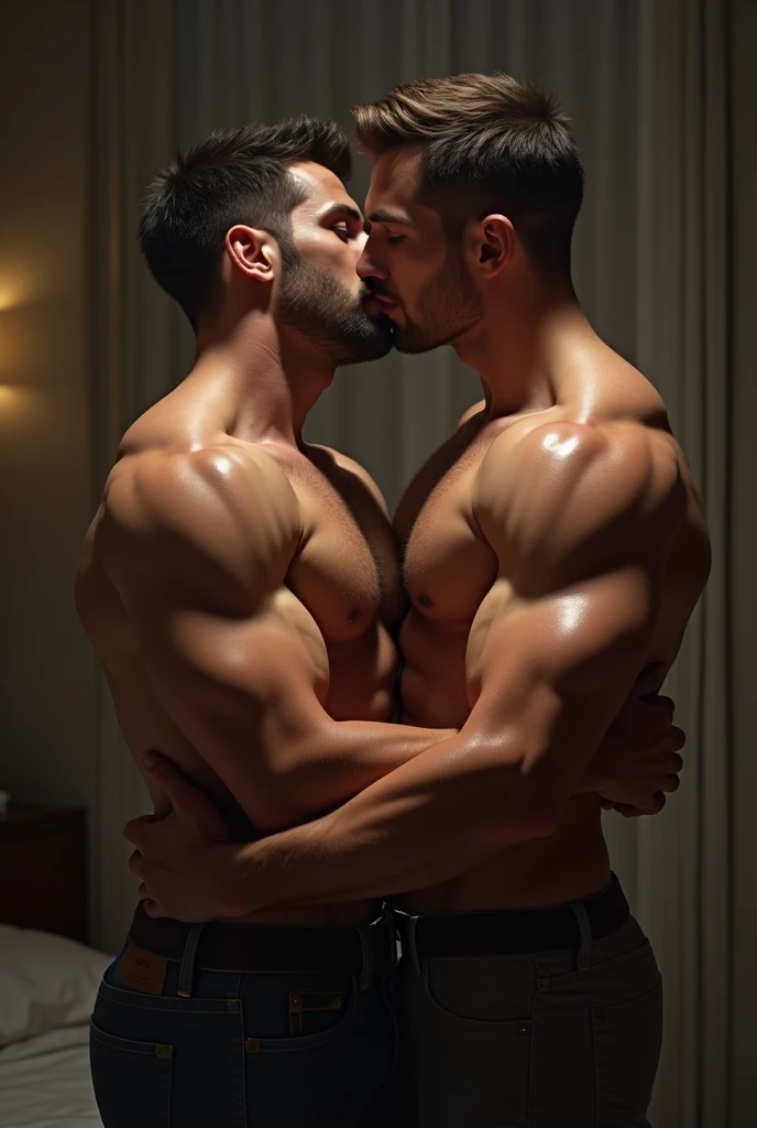 A muscular man without underwear kissing another muscular man