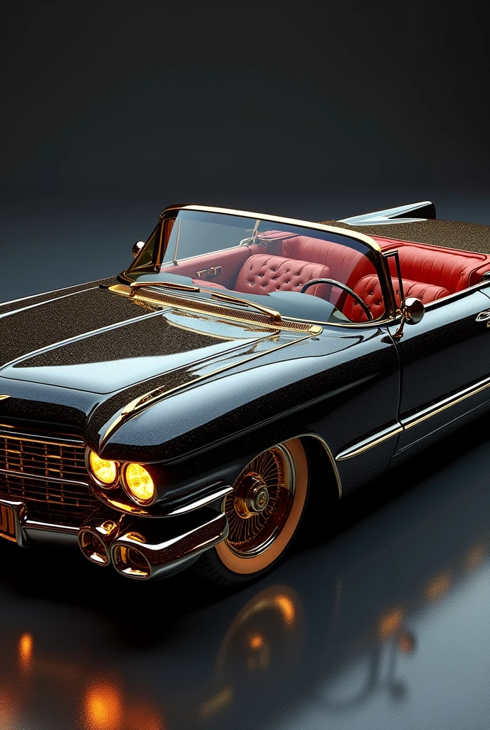 1959 Cadillac Eldorado Biarritz Convertible, star wheel, WIDE WHEEL, metallic black color, ILLUMINATED HEADLIGHTS, dark windows, details in gold, gold trim, sunroof, SIDE EXHAUSTS, FIRE DESIGN ON THE FRONT HOOD.
