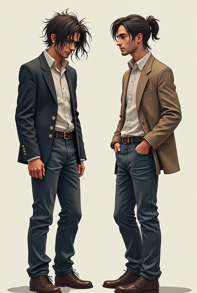 Make a disheveled person , disheveled whole body and make a comparison with the same person but now with a neat hairstyle and whole body 
