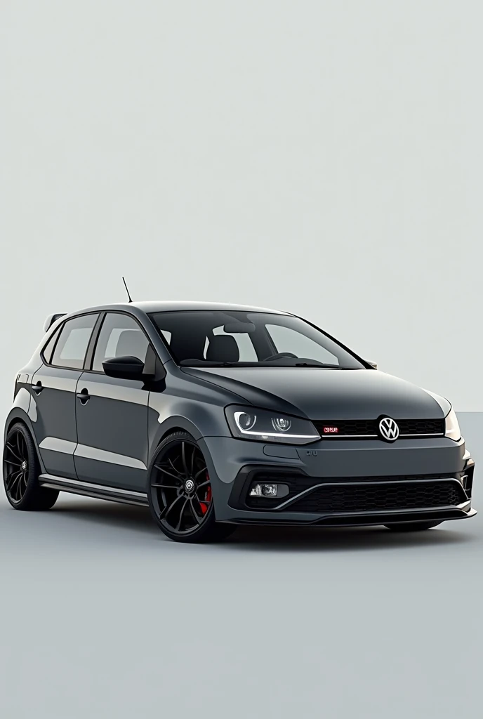 Photo of a dark grey Volkswagen Polo with black rims and black roof