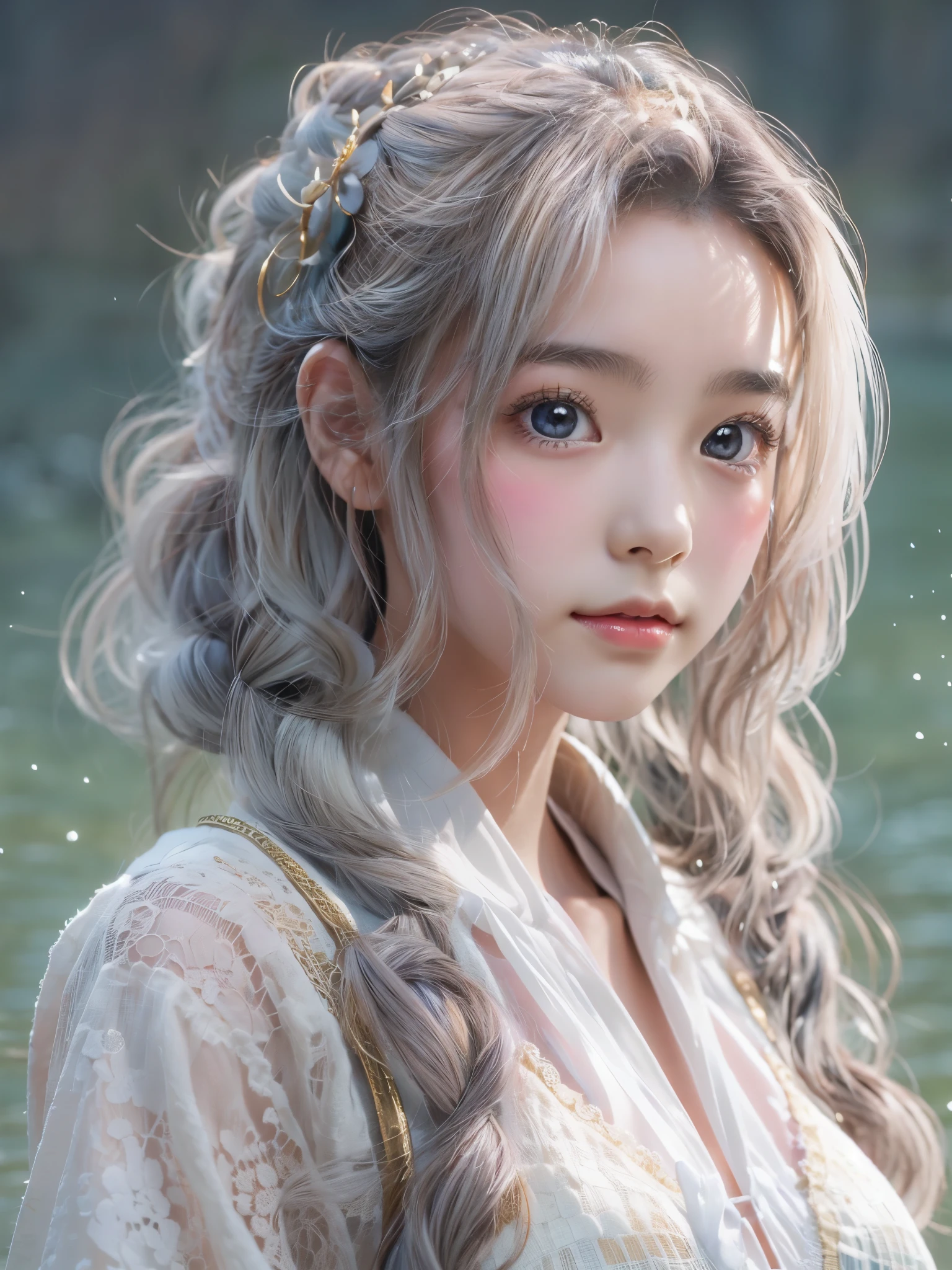 One Girl，(とてもcute少女:1.3)，masterpiece，Highest quality，High resolution，Photorealistic，RAW Photos，Ray Tracing，Physically Based Rendering，beautiful girl，(:1.3)，cute，Big eyes，(detailed pupils:1.2)，(The face is facing sideways:1.3)，Body facing sideways，Beautiful nose，High nose，Upturned nose，Fuller lips，Short black hair，ponytail，short hair，Detailed eyelashes，Thin eyebrows，Very fine grain definition，(Golden Ratio:1.3)，(Face close-up，Face Focus:1.0)，Small breasts，Slim figure，Short neck，White swimsuit，White Bikini，Ocean，Southern Island，Blue sky，White cloud，Portrait，View Viewer，Upper Body，Cinema Lighting，High resolution，Very detailed