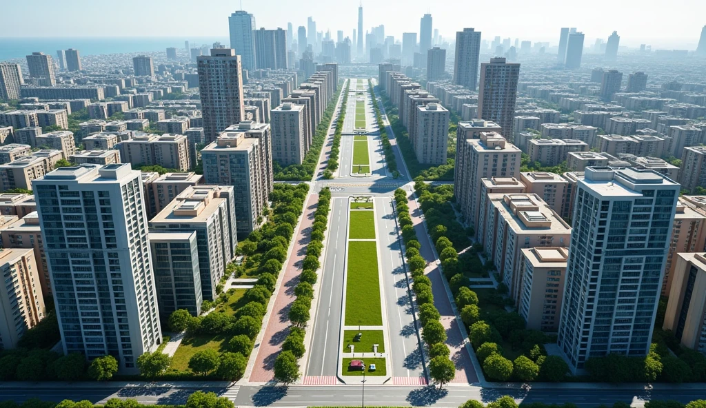 Aerial view of a symmetrical coastal city with a central boulevard lined with palm trees and green spaces. The boulevard is flanked by two wide multi-lane streets., Each is bordered by 120-meter-high, 33-story residential and office buildings.. The buildings vary in color and style., Some have flat roofs and others have sloping roofs.. The city stretches out towards the horizon and in the distance there is a main square.. Crosswalks and intersections are visible, which indicates a well-planned urban infrastructure. The overall scene is bright and clear, which suggests a sunny day.