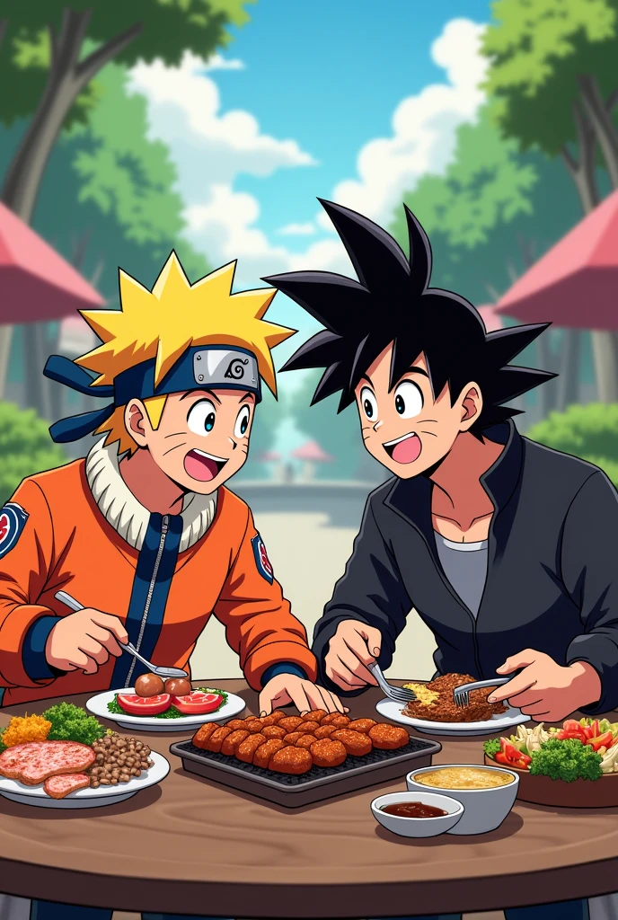 Naruto and Goku eating barbecue