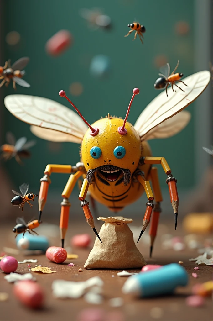 Bee made from school supplies defending a bag of candy from other insects