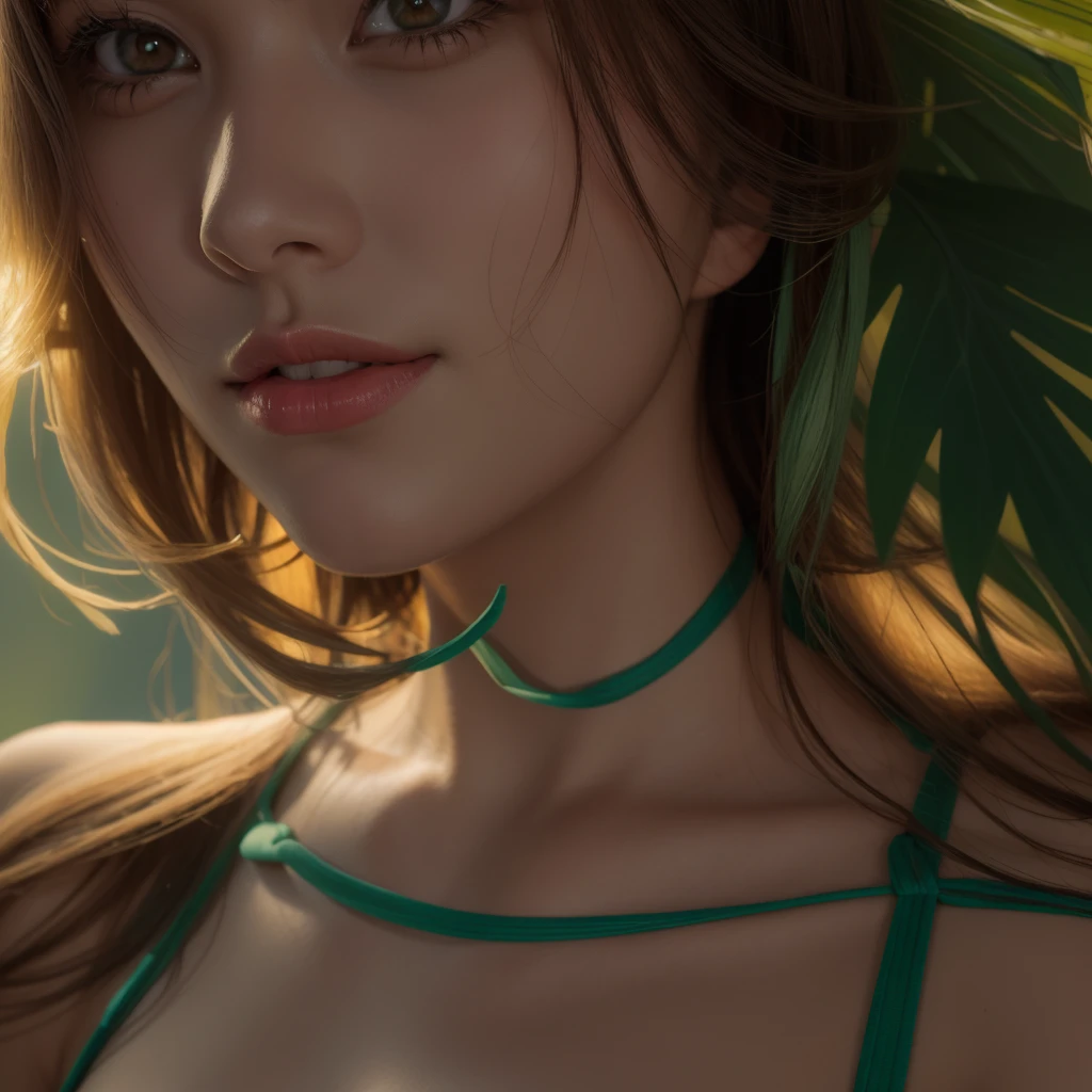 A beautiful young girl standing alone, highly detailed face with exquisite eyes, beautiful long eyelashes, delicate facial features, vivid and lifelike expression, wearing a tropical colored bikini, dynamic and elegant pose, original official art, 8K high resolution wallpaper, masterpiece of the highest quality, photorealistic, beautiful warm lighting, dynamic tropical background, Nikon f/1.8 135mm lens, illustration style.