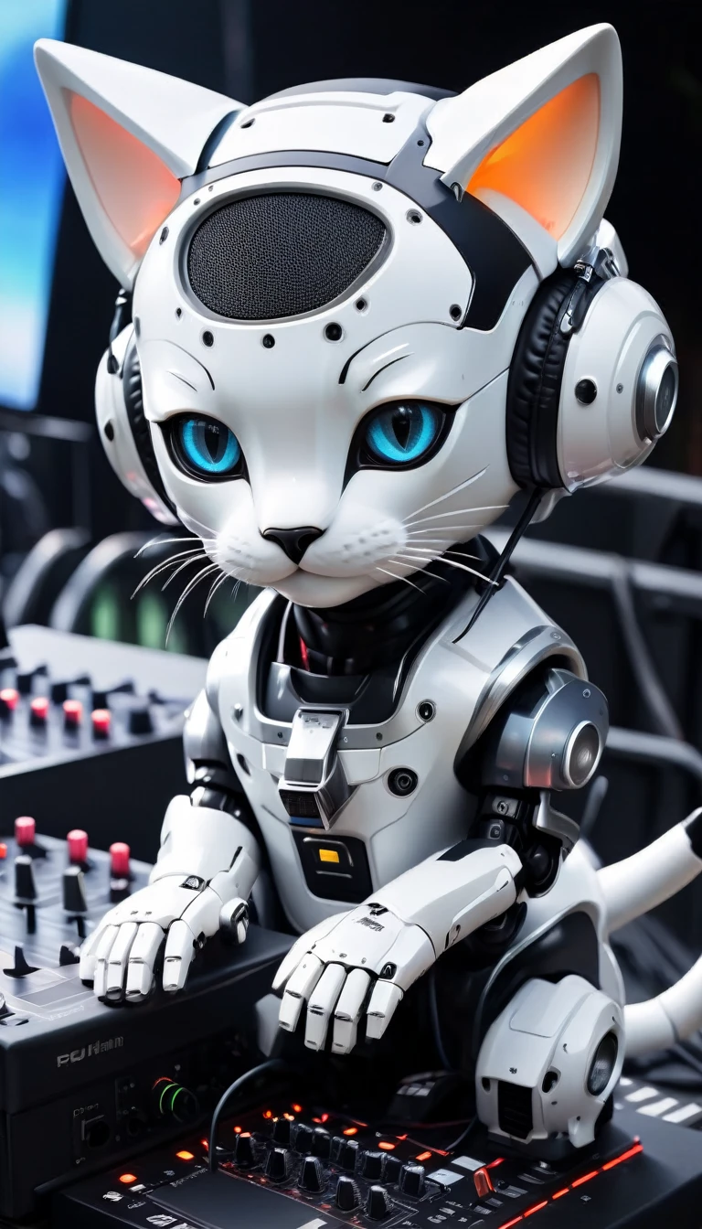 (super masterpiece　Ultra high quality　Ultra HD　超High resolution) Lo-fi style、anime、A large cat-shaped robot wearing headphones with a microphone、Future machinery、(High resolution)　cute　DJing at outdoor festivals、His right hand is touching the DJ equipment.、Stylish、Art Transit, Cinematic, This image is very artistic, Art Fine, 8K Ultra HD.Palm tree、Big speakers、Woofer、Multiple notes