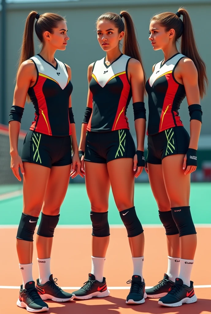 Make a women's volleyball uniform and show it to me from different angles with these specifications:
Containing black and red, with white details and a little green .
That it has sleeveless and sleeved options With details that make it eye-catching