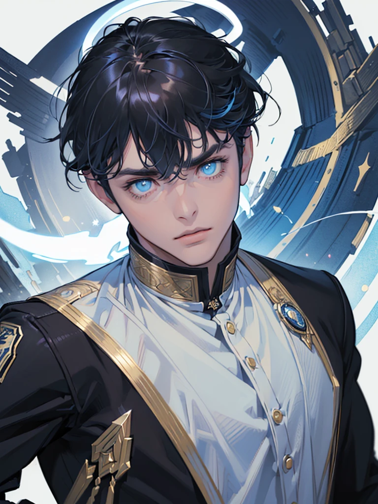 ((maximum quality, artwork, 4K, finely detailed, detailed eyes, detailed face, gelbooru, pixiv)), warm lighting, ((alone)), 1 man, handsome, masculine, mature adult man, broad shoulders, close face ((short black hair with white and blue streaks in the bangs, bangs in the eye, halo), portrait, kind face. looking at the viewer, ((calm eyes, half covered, blue eyes with white pupils)), wearing a black and blue and gold suit, having blue wings), city background in the angelic
