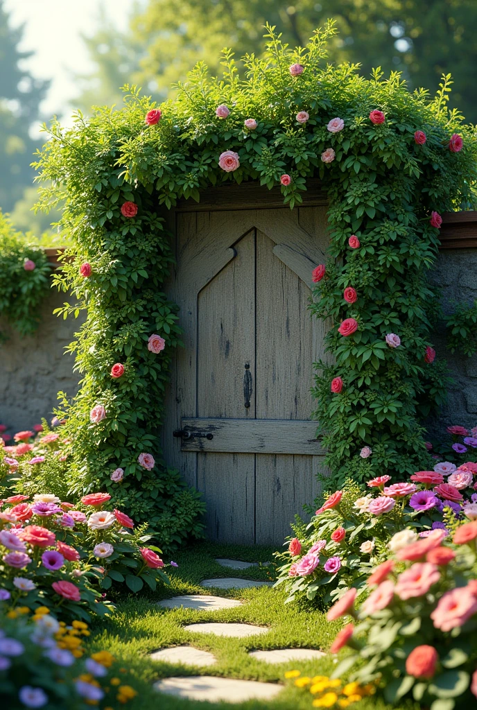 A large garden with a wall with plants and leaves, various flowers and roses, in the spring season, 
