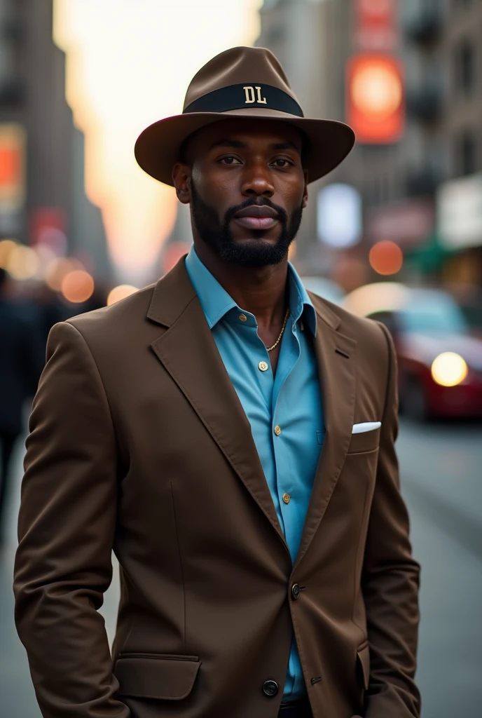 Forty year old black man, very elegant and sophisticated, strong athletic build, with a goatee,wearing a gangster fedora hat, from middle aba, baby look gola canoe t-shirt, in sand color, tailoring suit, slim in coffee and brown colors, Italian cut Italian loafer shoes in military green The initials DL are written on the hat band and the lapel of the blazer The image takes place at dusk on a busy street 