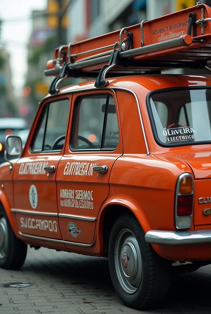 Uno car with Oliveira electrician SJCAMPOS sticker and ladder on top