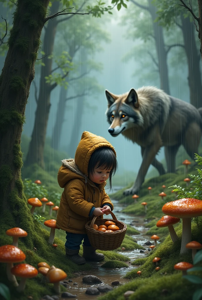 A collecting mashrum in forest in rain a wolf sneeking after him