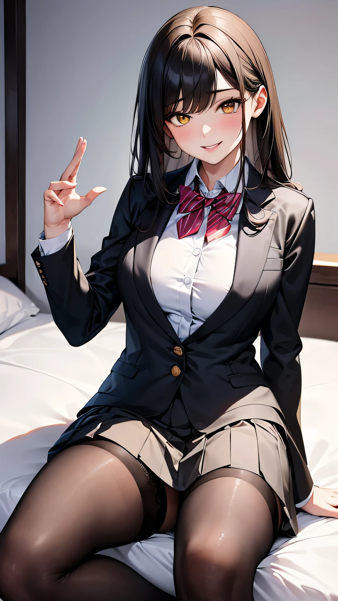 4K resolution,((Highest quality)),Ultra-high resolution,young woman, alone, sexy, (A fleeting smile), (Pale yellow eyes), Beautiful and symmetrical face, (Brown set long hair),Blazer uniform,Dress shirt,Pleated mini skirt,Knee-high socks,Realistic:1.4,Realistic:1.4,(masterpiece:1.2),Perfect Eyes,Perfect Eyes,Perfect Legs,Open your legs a little,classroom,（Fellatio gestures:1.1）,（Open your mouth:1.2）