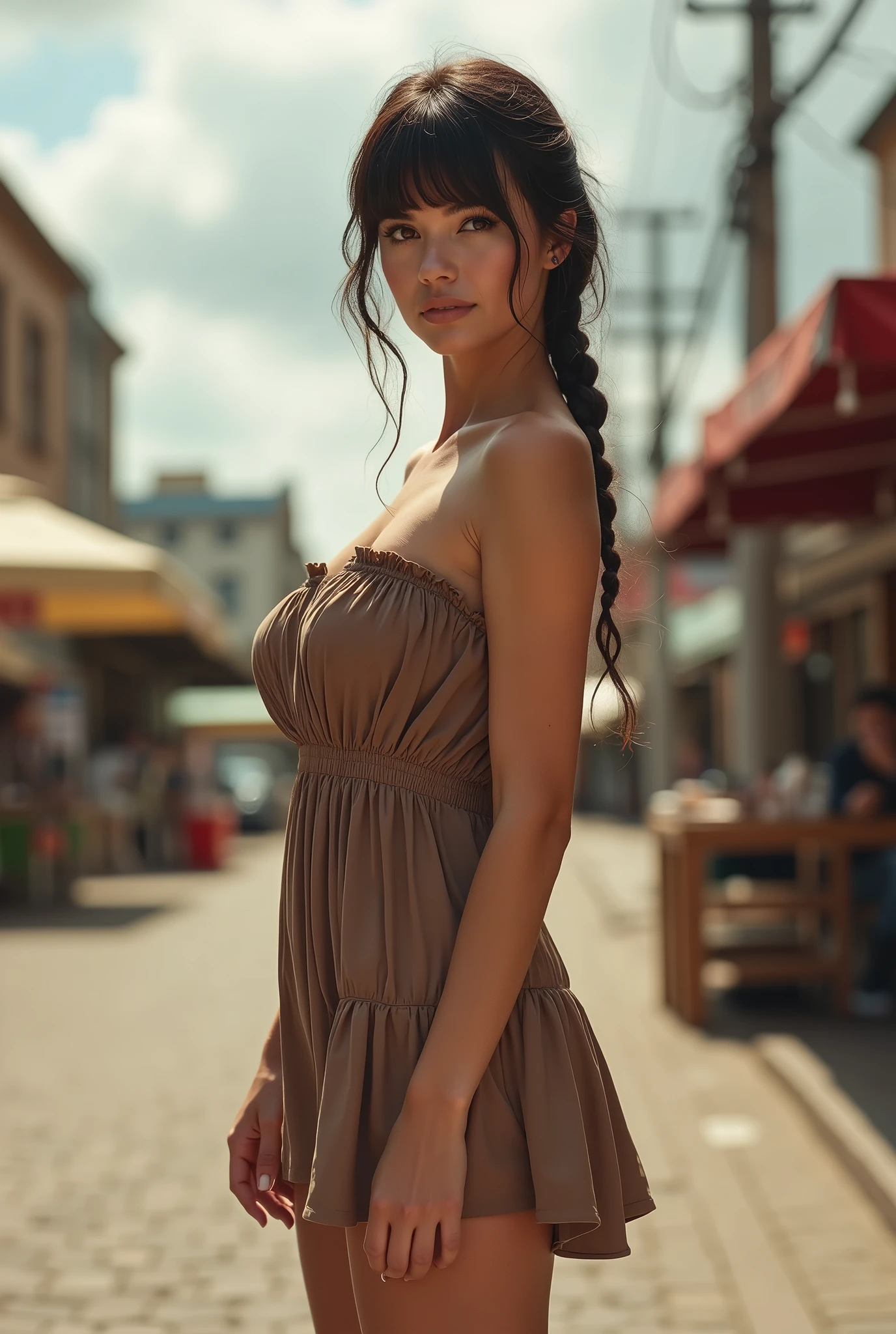 Full bodyno bra, perfect breasts. realistic body shot photo of a swedish brunette woman standing in front of the camera wearing a ((wide gathered waist mini dress)), bangs short braids hair. (Open legs pose:2.5), slim thighs, space between legs. It's cloudy and hot. glamour photoshoot, street, perfect slim figure, beautiful face, perfect anatomy, fit arms and shoulders, looking into the camera, (standing in front of the camera:1.2), (facing the camera:1.5), strong arms snd shoulders. (round hips:1.2), (skinny hips:1.3), 40 yo woman. (Eye makeup:1.1), (highly detailed skin:1.1), RAW, analog style, sharp focus, 8k UHD, DSLR, high quality, Fujifilm XT3, grain, award winning, masterpiece.
