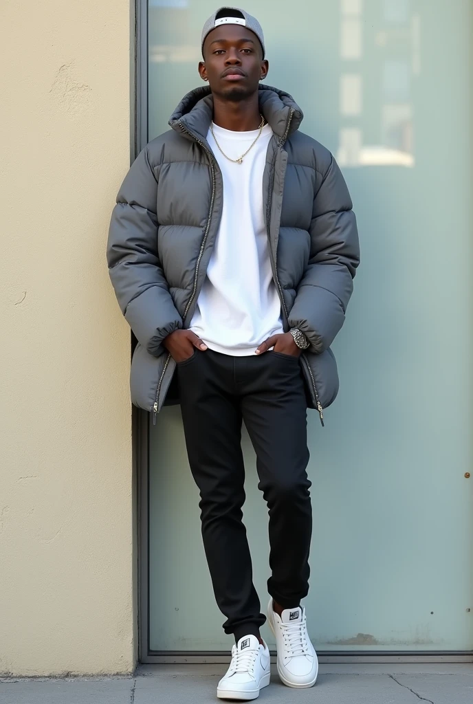 best qualityer:1.4), (ultra high resolution:1.2), (photorrealistic:1.4), (8k, CRU photo:1.2), 1 young black man, 20 years old. he is wearing a white shirt, gray puffer coat on top. He is wearing black jeans. Corte de cabelo buzzcut. He&#39;s wearing a gray cap backwards. He&#39;s wearing white Nike sneakers. He&#39;s leaning against a wall. Corte de cabelo buzzcut. thin build. It&#39;s not blurry in the background. thin build. thin build. has 1.75 tall. There is a sun . best qualityer:1.4), (ultra high resolution:1.2), (photorrealistic:1.4), (8k, CRU photo:1.2), 1.75 tall.