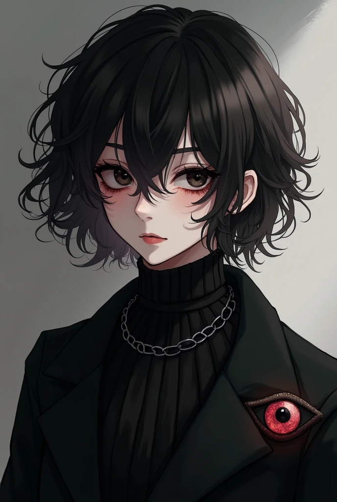 A character in the style similar to chainswanman, Trans man, shorth hair, but at neck height, he is very effeminate, He has 1,50 tall, dark eyes and black hair and he wears a black overcoat, curly hair, in the coat part there is a little red eye on the left and it is small, just like a symbol and inside he wears a black blouse with a high collar, curly hair, he has a little dark circles, he has a fringe on his right eye. And his name is Eliot Orpheus