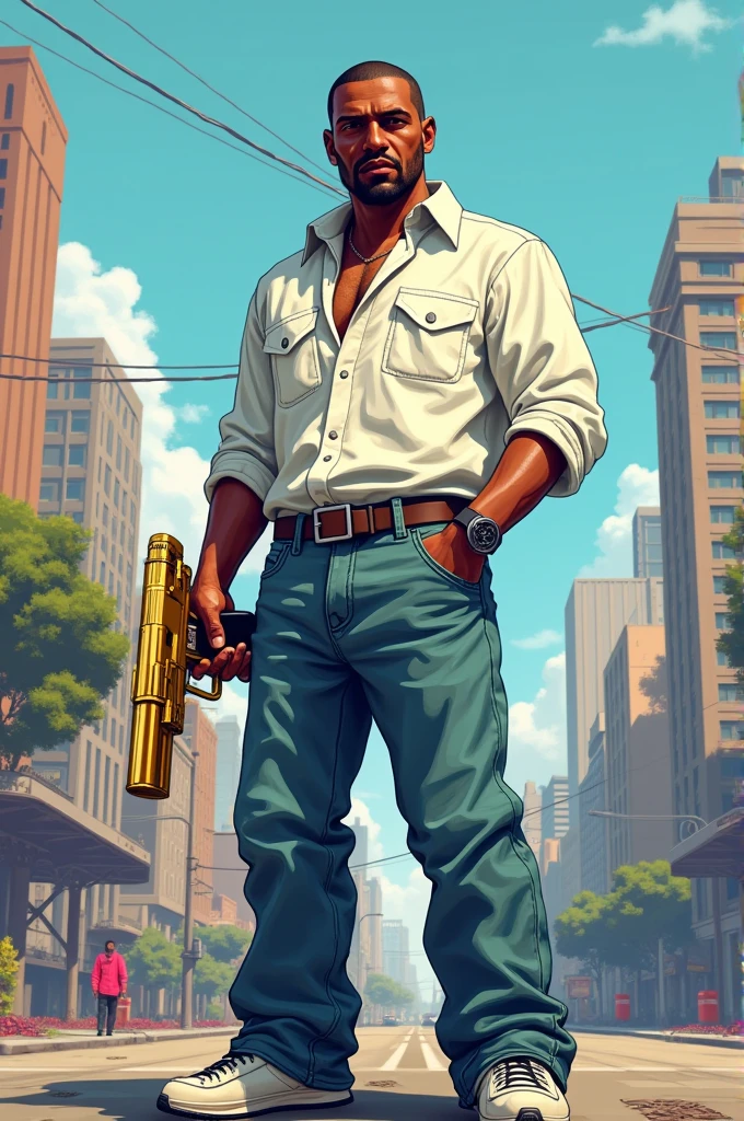 Create me CJ from GTA with a white blouse with a golden gun and in the background a destroyed city in Pixart