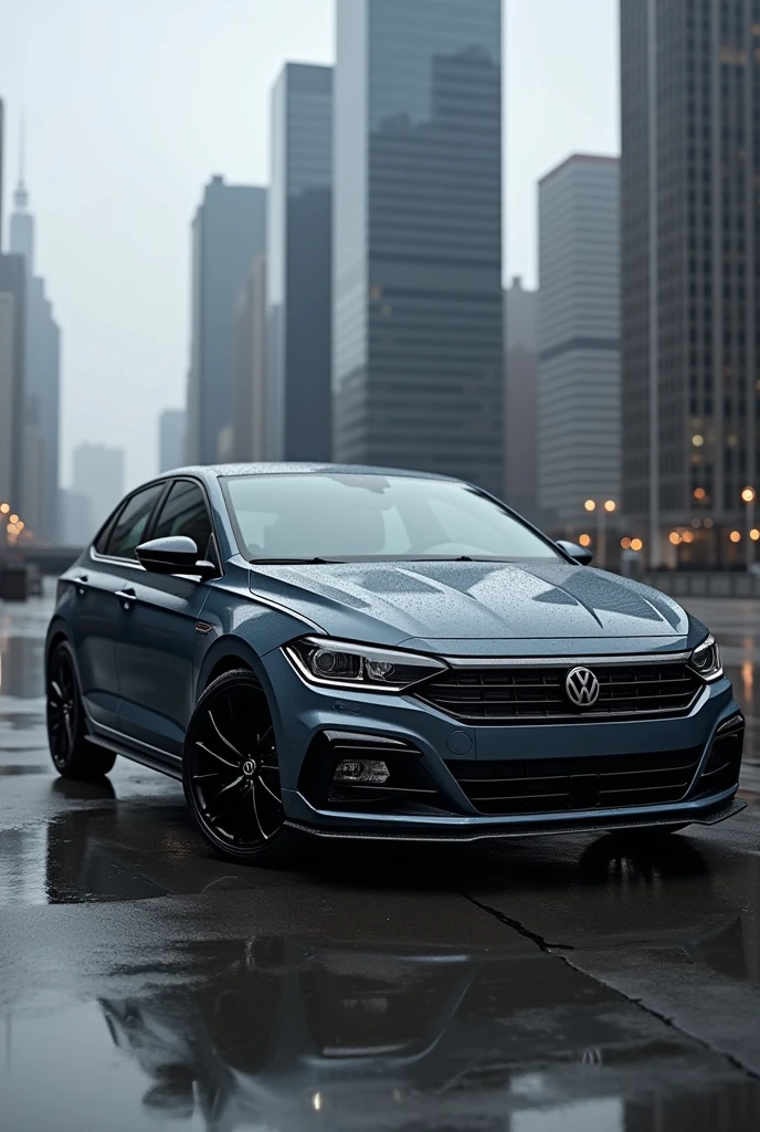 Photo of a dark gray 2024 msi volckwagen polo with black rims and black roof 