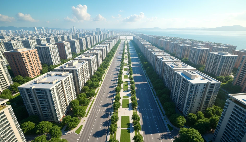 Aerial view of a symmetrical coastal city with a central boulevard lined with palm trees and green spaces. The boulevard is flanked by two wide multi-lane streets., Each is bordered by 120-meter-high, 33-story residential and office buildings.. The buildings vary in color and style., Some have flat roofs and others have sloping roofs.. The city stretches out towards the horizon and in the distance there is a main square.. Crosswalks and intersections are visible, which indicates a well-planned urban infrastructure. The overall scene is bright and clear, which suggests a sunny day.