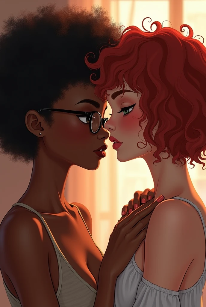 Create a drawing of two teenage lesbian girls, one black and with short 3c curly hair and looks very medium and with glasses and the other white with short 3a curly hair but looks very dark red and the one with red hair is the dominant one