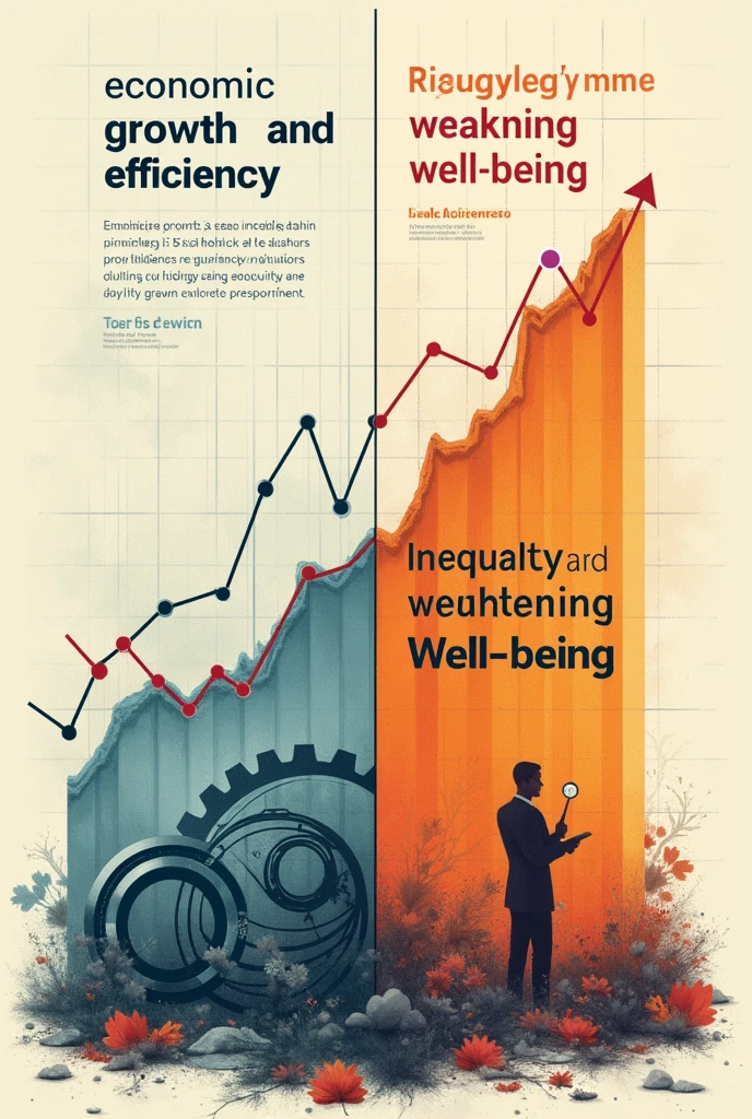 Diptych of the Debate:
Left Half (support):
Chart on the rise.
Gear or symbol of efficiency.
Text: "Economic growth and efficiency."
Right Half (Criticism):
Downward chart.
Symbol of inequality or protest.
Text: "Inequality and weakening well-being."