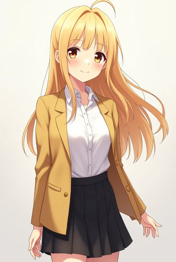 More mature anime style image. A gray background image. a teenage girl, 18-years old, blonde hair and brown eyes, was wearing a white dress shirt with a dark yellow blazer over a black skirt. He had a friendly, welcoming smile on his face..