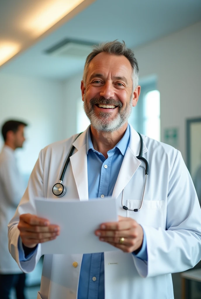 Doctor with his notes pointing upwards ( cheered up )