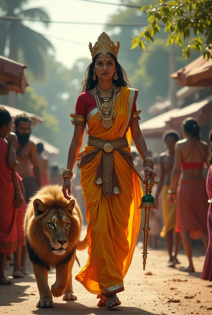 A women godess muthraamman walking in street in kulasai with her pet lion people workshiping with her crown and in one hand neem leaves and another hand soolayatham which is her weapon