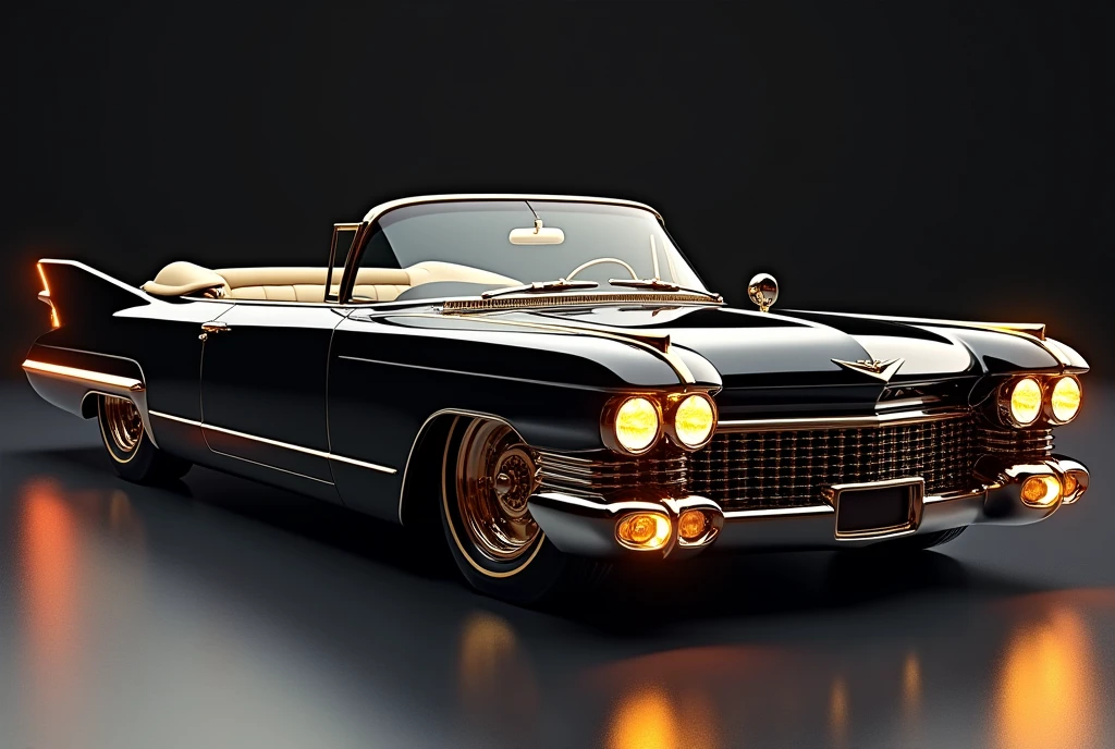 1959 Cadillac Eldorado Biarritz Convertible, star wheel, WIDE WHEEL, metallic black color, ILLUMINATED HEADLIGHTS, dark windows, details in gold, gold trim, sunroof, SIDE EXHAUSTS, FIRE DESIGN ON THE FRONT HOOD.