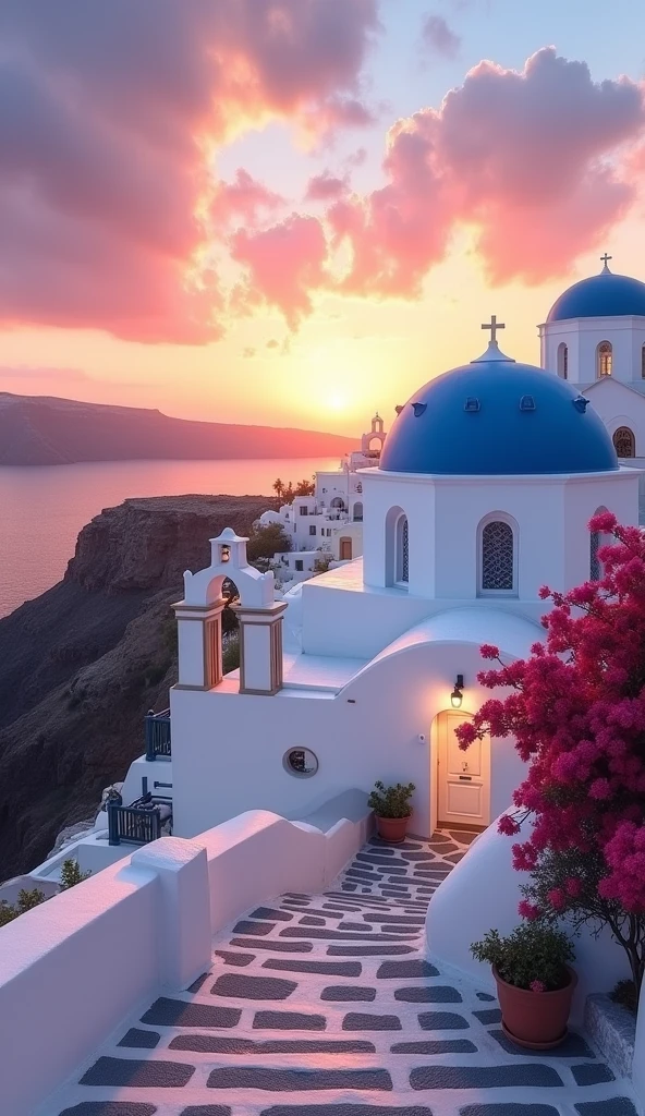 "White building and blue roof, Aegean background, sunset view of Santorini"