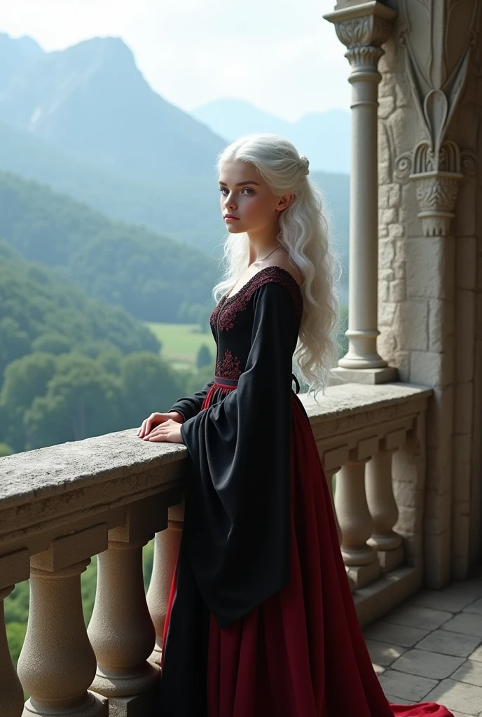 Create a girl a targaryen. She is a beautiful girl with an angelic face and long, curly, platinum-colored hair./white and she has violet eyes and she will be wearing a black and red medieval dress, and you will be on a balcony looking at the view *balcony of a castle*