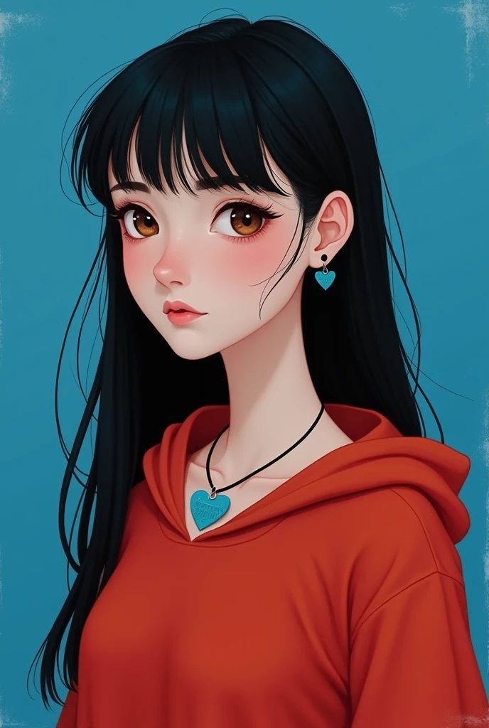 Disney image of a teenage girl with white skin and black hair, straight , long, Bookish hairstyle with red t-shirt with the hood on her head and a blue heart necklace with a bright blue heart background