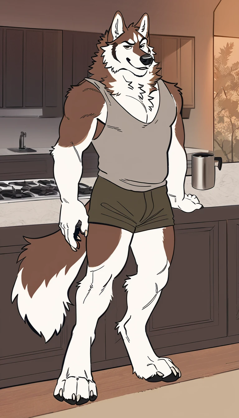 solo, male, anthro (striped husky), by tritscrits, (by botch:0.7), digitigrade, digital artwork, (flat colors:1.3), striped brown husky tail, mature male, sexy, ((detailed background)), athletic, white fur, looking at camera,