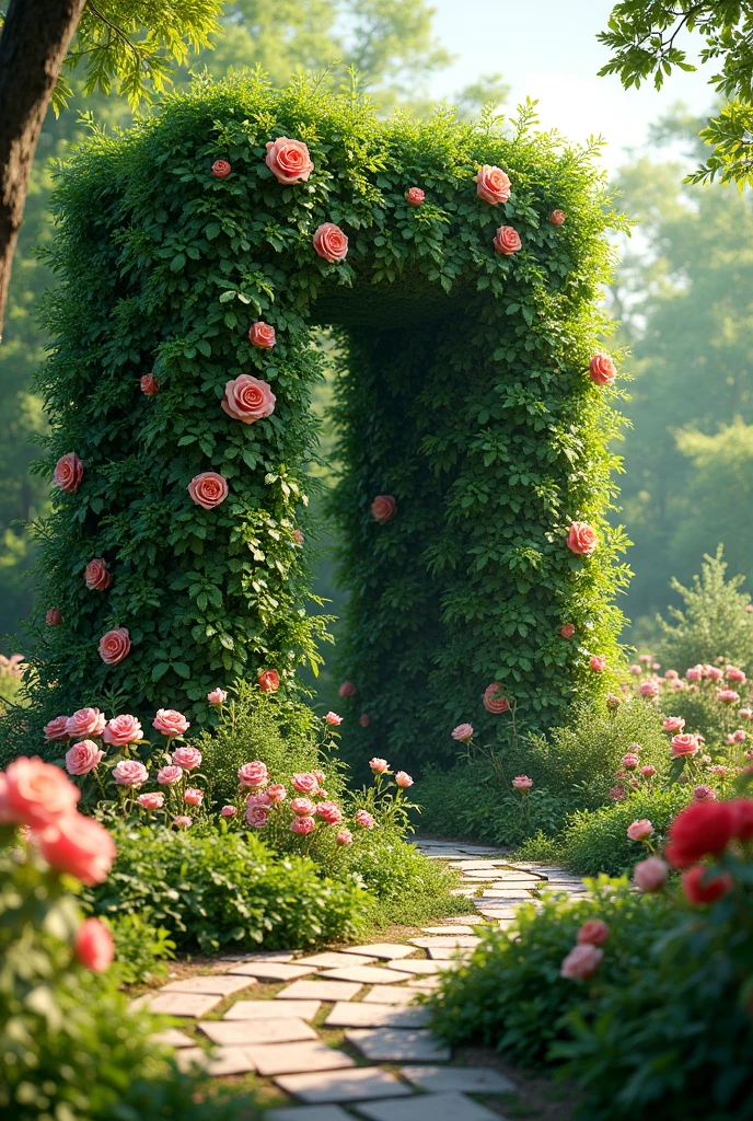 A large garden with a wall of plants and leaves, various flowers and roses, in the spring season,