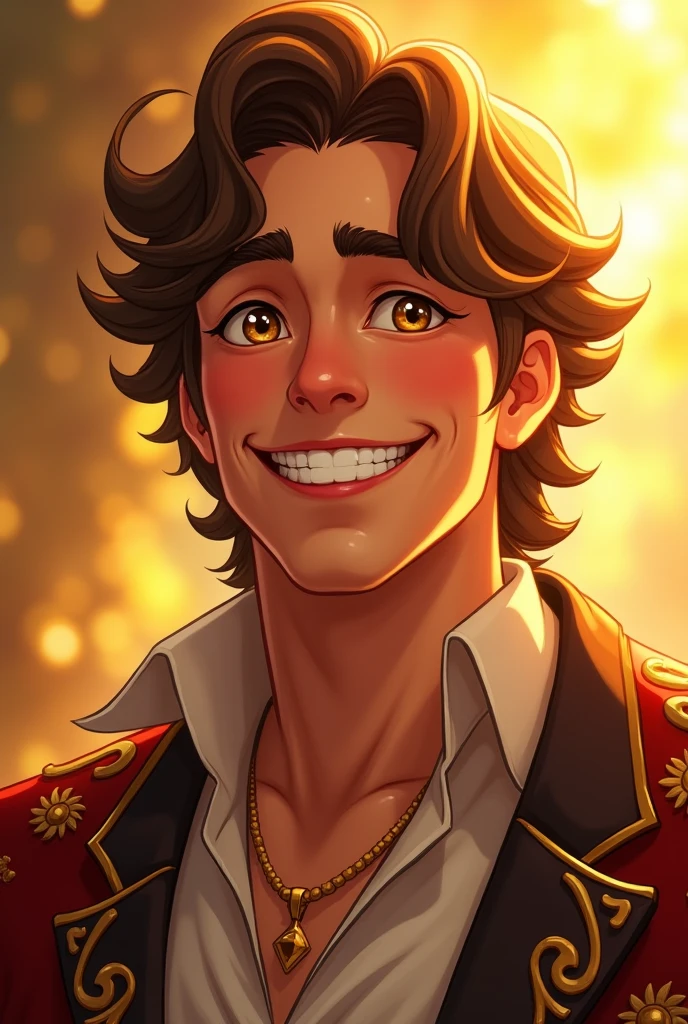 man prince, very happy smile teeth, brown hair, golden eyes, Sun