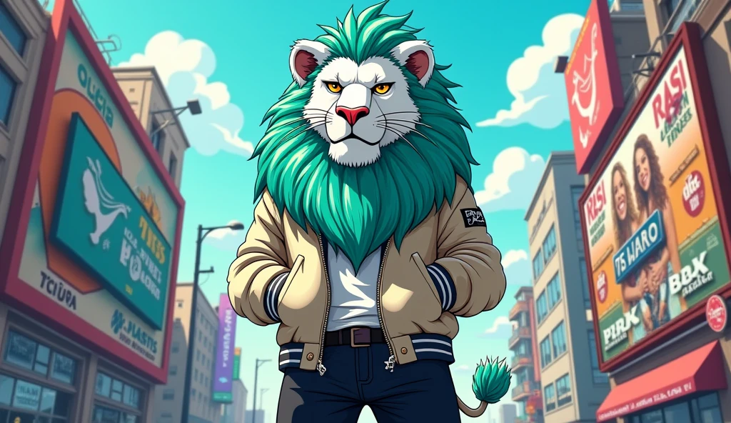 white lion with aquamarine green mane cartoon style full body standing, with a jacket and black pants that looks rapper style with an urban background accompanied by advertising
