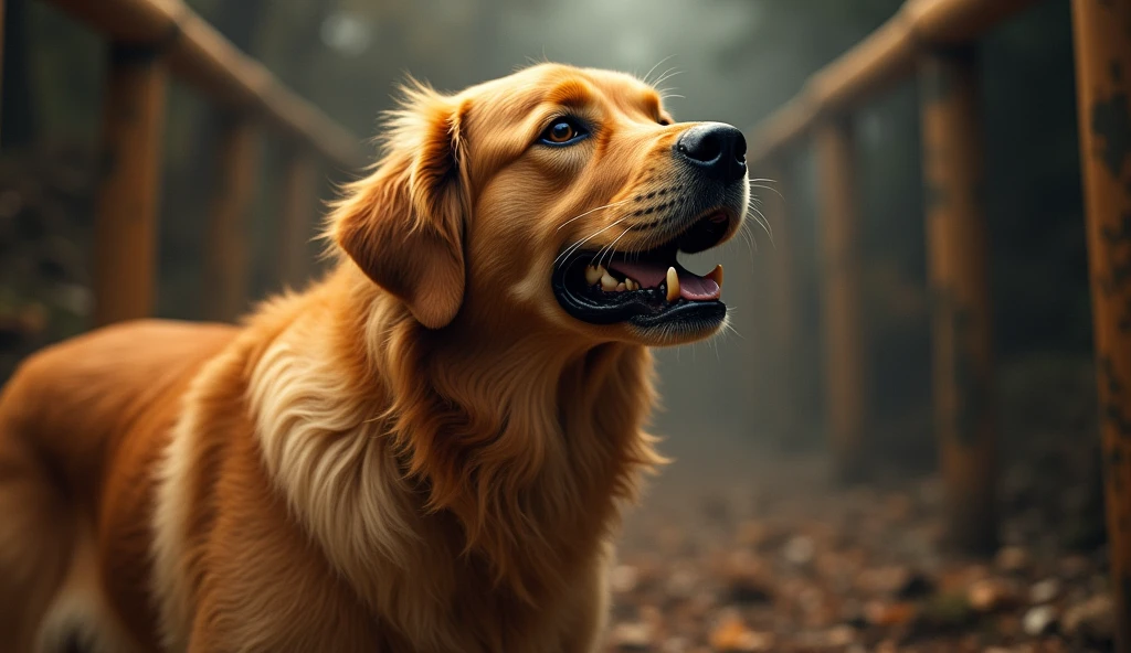 Golden Retriever, Surreal, tense, warm, Very detailed, sharp, Professional, 8K Ultra HD, movie, dark, violent,  Fight, Tracking, dramatic, Vivid, tense atmosphere, rendering, amazing, Twilight, High resolution, Album cover, color々There is a dog