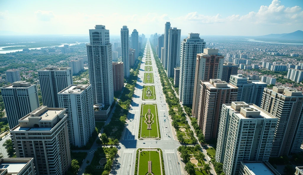 Aerial view of a symmetrical coastal city with a central boulevard lined with palm trees and green spaces. The boulevard is flanked by two wide multi-lane streets., Each is bordered by 120-meter-high, 33-story residential and office buildings.. The buildings vary in color and style., Some have flat roofs and others have sloping roofs.. The city stretches out towards the horizon and in the distance lies a park. Crosswalks and intersections are visible, which indicates a well-planned urban infrastructure. The overall scene is bright and clear, which suggests a sunny day.