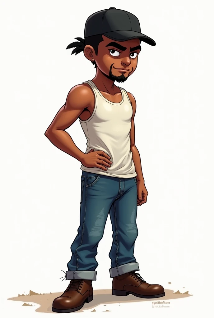 drawning, bright coloured, naughty man, short stature, 1,65 tall, 60 kilos, stark, goatee, brown skinned, Black cap, white tank top, blue jeans, brown dress shoe, Seriously,  Apocalypse theme, white background, fully body 