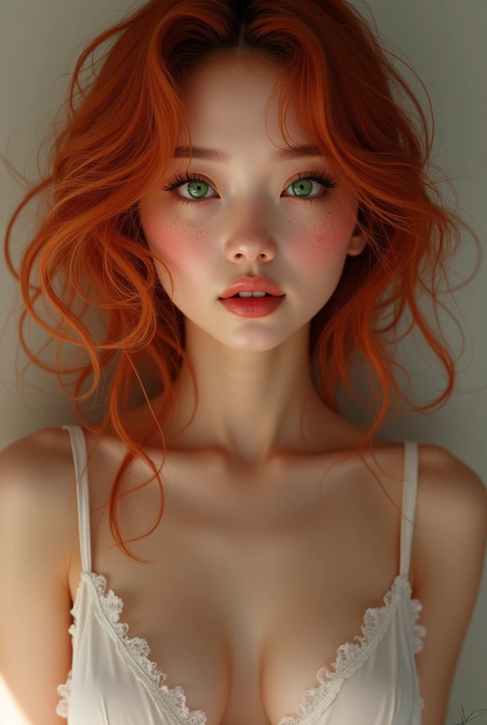 Vagina of young curly redhead freckled Asian woman with green eyes long eyelashes thin nose and elegant curves