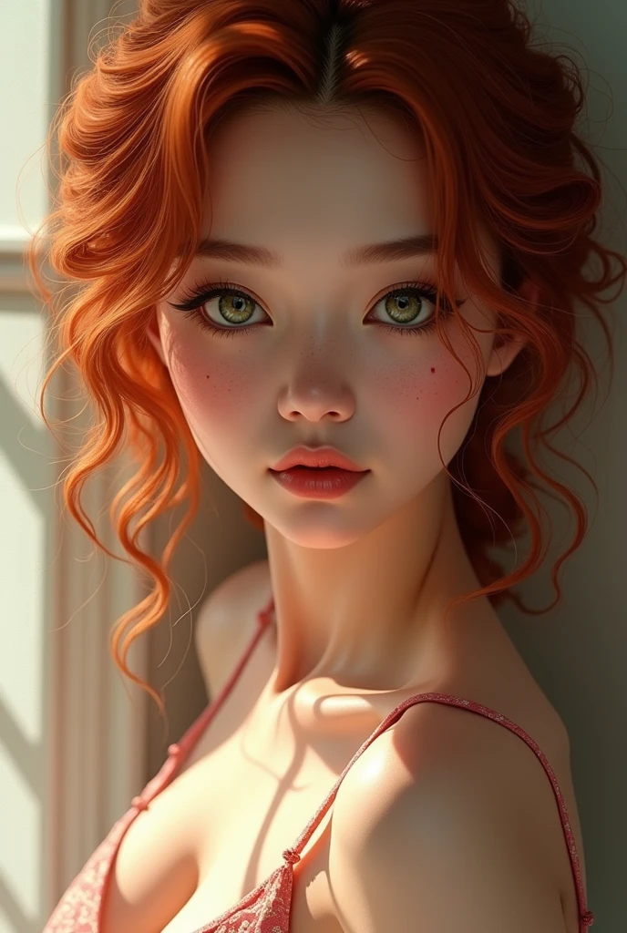 Vagina of young curly redhead freckled Asian woman with green eyes long eyelashes thin nose and elegant curves