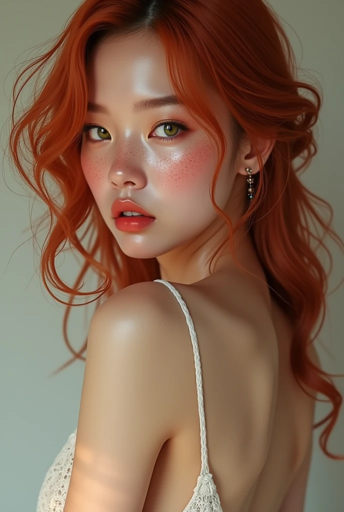 Vagina of young curly redhead freckled Asian woman with green eyes long eyelashes thin nose and elegant curves