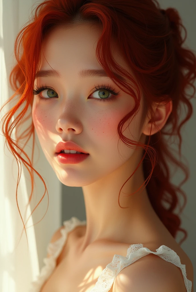 Vagina of young curly redhead freckled Asian woman with green eyes long eyelashes thin nose and elegant curves