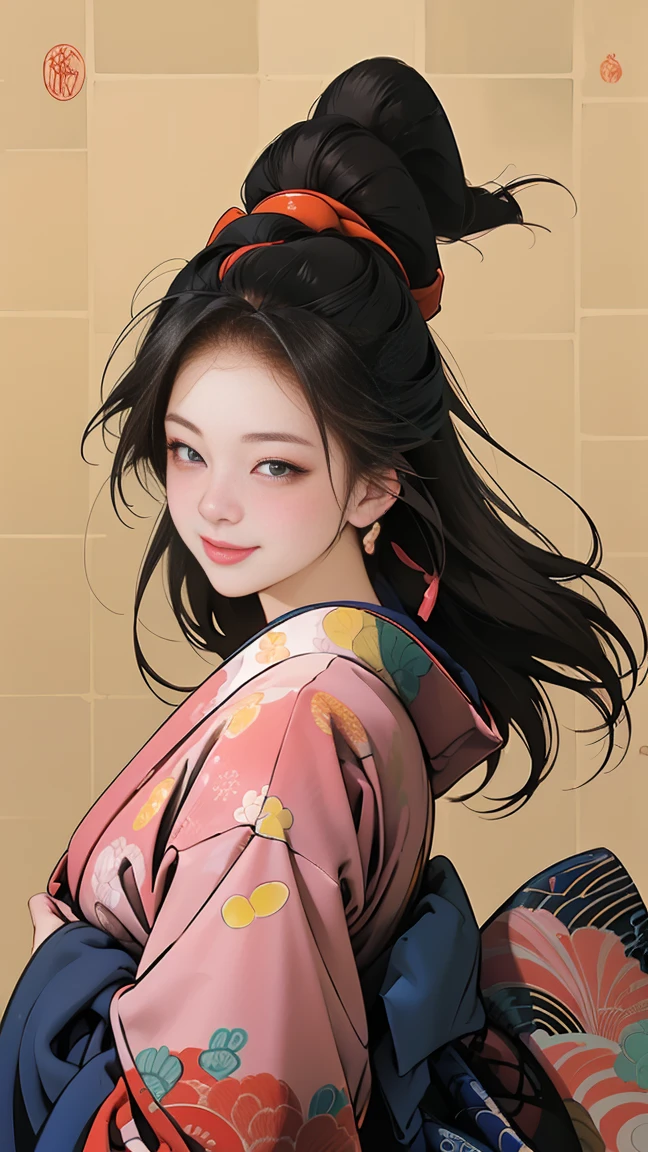 (SeaArt、I create amazing digital illustrations of beautiful women in kimonos)、Beautiful woman smiling and showing her upper white teeth、Vividly colored Ukiyo-e style illustrations、Brown-black long hair、Beautiful full body style、If you want to dance, Dance to the Tokyo Ondo, Good good、Beautiful new digital paintings,、 Bright and vibrant digital anime art、Beautiful anime portraits、Background、Torii gate of a Japanese shrine.、Detailed digital anime art、