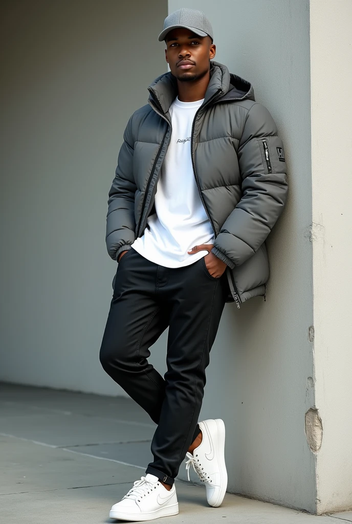 best qualityer:1.4), (ultra high resolution:1.2), (photorrealistic:1.4), (8k, CRU photo:1.2), ung black man, 20 years old. he is wearing a white shirt, gray puffer coat on top. He is wearing black jeans. Corte de cabelo buzzcut. He's wearing a gray cap backwards. He's wearing white Nike sneakers. He's leaning against a wall. Corte de cabelo buzzcut. thin build. It's not blurry in the background. thin build. thin build. has 1.75 tall. There is a sun . best qualityer:1.4), (ultra high resolution:1.2), (photorrealistic:1.4), (8k, CRU photo:1.2), 1.75 tall.