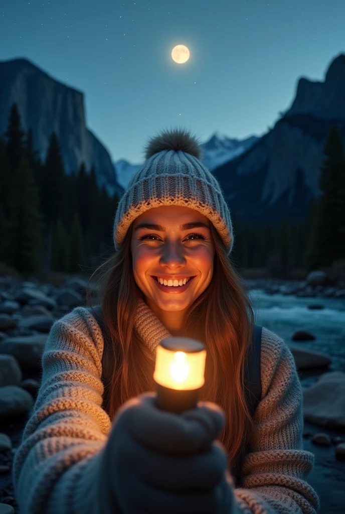 VeronicaCipher ((Upper body selfie, happy)), masterpiece, top quality, ultra detail, solo, outdoors, (night), mountain, nature, (star, moon) cheerful, happy, glove, sweater, hat, flashlight, forest, rock, river, wood, smoke, shadow, contrast, clear sky, analog style (See viewer:1.2) (skin texture) (Film grain: 1.3), (Warm shades, warm tones): 1.2), Close-up, Cinematic Light, Side Light, Ultra High Resolution, Vest Shadow, RAW, Wear Pullover, Kodak Vision 3,