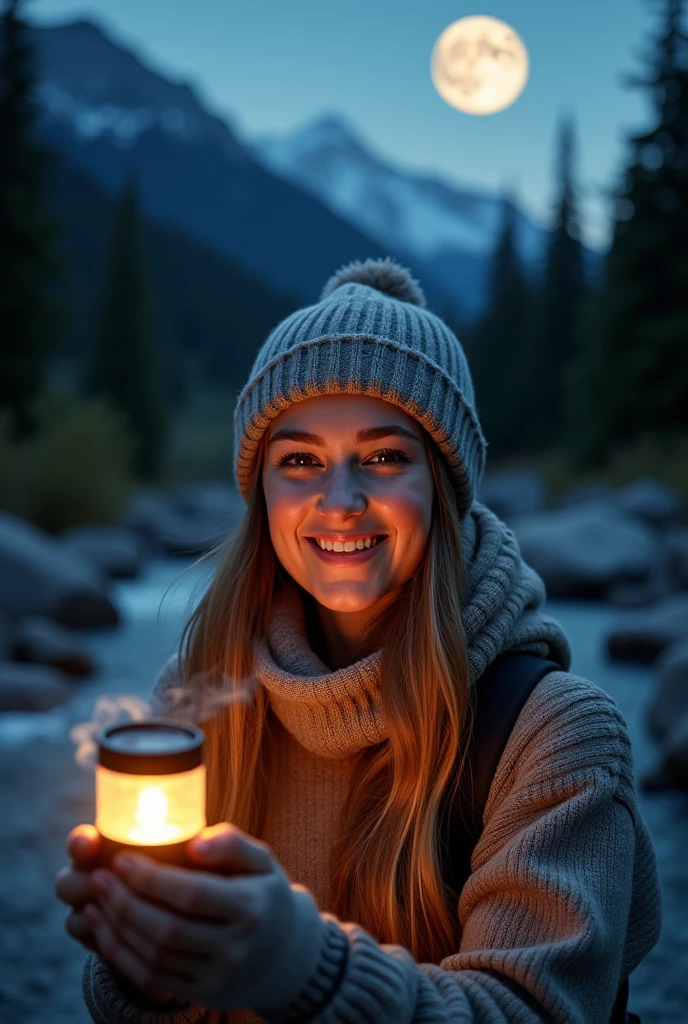 VeronicaCipher ((Upper body selfie, happy)), masterpiece, top quality, ultra detail, solo, outdoors, (night), mountain, nature, (star, moon) cheerful, happy, glove, sweater, hat, flashlight, forest, rock, river, wood, smoke, shadow, contrast, clear sky, analog style (See viewer:1.2) (skin texture) (Film grain: 1.3), (Warm shades, warm tones): 1.2), Close-up, Cinematic Light, Side Light, Ultra High Resolution, Vest Shadow, RAW, Wear Pullover, Kodak Vision 3,
