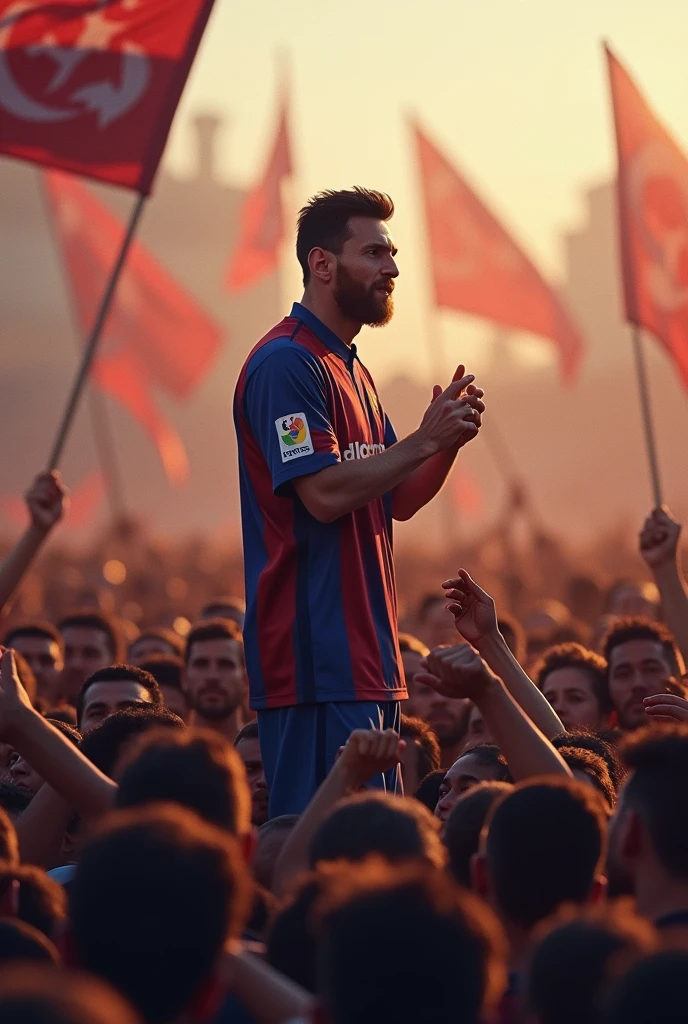 Messi is a political leader who is giving a blow in front of many people. 