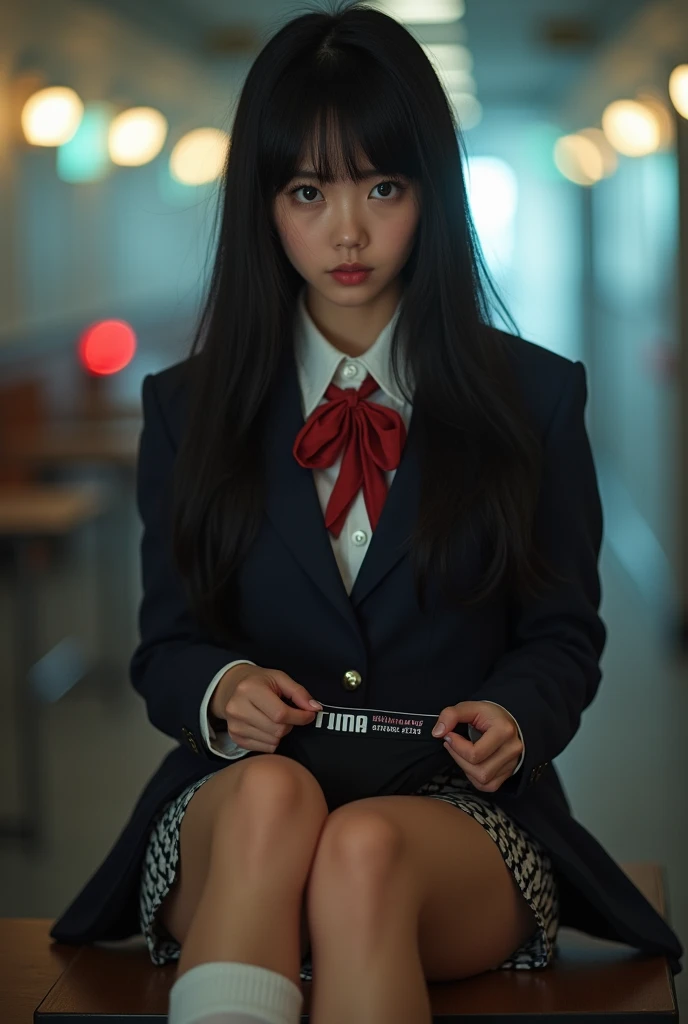 Ultra-realistic, Wide Shot, 1. woman, Japanese Teen, Straight Long Hair, big, Sharp eyes shine brightly, Long eyelashes,Imabari Higashi High School blazer uniform, Checked mini skirt, White calf socks and white sneakers, Holding black Puma underwear、, Chiaki Kuriyama, Gogo Yubari, Kill Bill, indoor, Bokeh effect, Written boundary depth, Ultra-realistic, Professional photography, Cinema Lighting